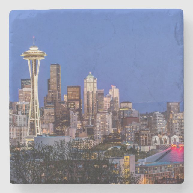 Seattle, Downtown and Mt. Rainier at Twilight Stone Coaster (Front)