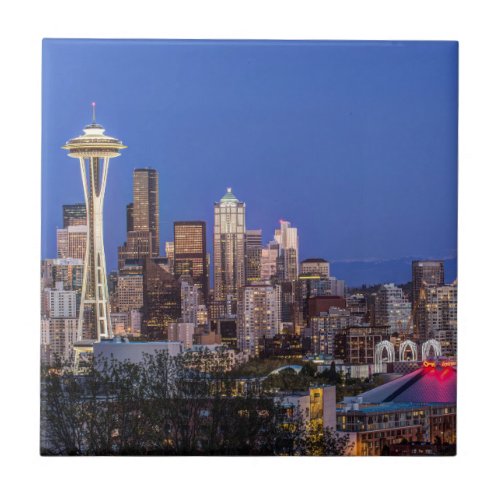 Seattle Downtown and Mt Rainier at Twilight Tile