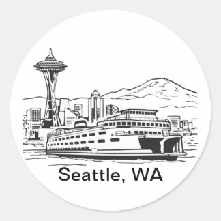 Seattle Ferry & Skyline Line Art Washington State Classic Round Sticker