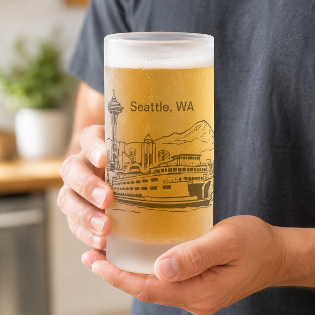 Seattle Ferry & Skyline Line Art Washington State Frosted Glass Beer Mug (Seattle Ferry & Skyline Line Art Washington State Frosted Glass Beer Mug)