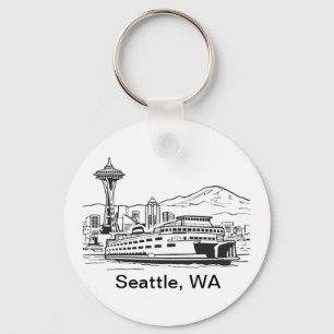 Seattle Ferry & Skyline Line Art Washington State Keychain