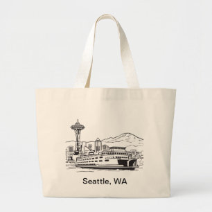 Seattle Ferry & Skyline Line Art Washington State Large Tote Bag
