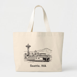 Seattle Ferry & Skyline Line Art Washington State Large Tote Bag
