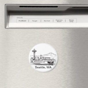Seattle Ferry & Skyline Line Art Washington State Magnet