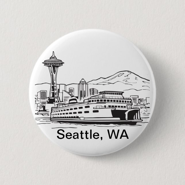 Seattle Ferry & Skyline Line Art Washington State Pinback Button (Front)
