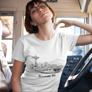 Seattle Ferry & Skyline Line Art Washington State T-Shirt