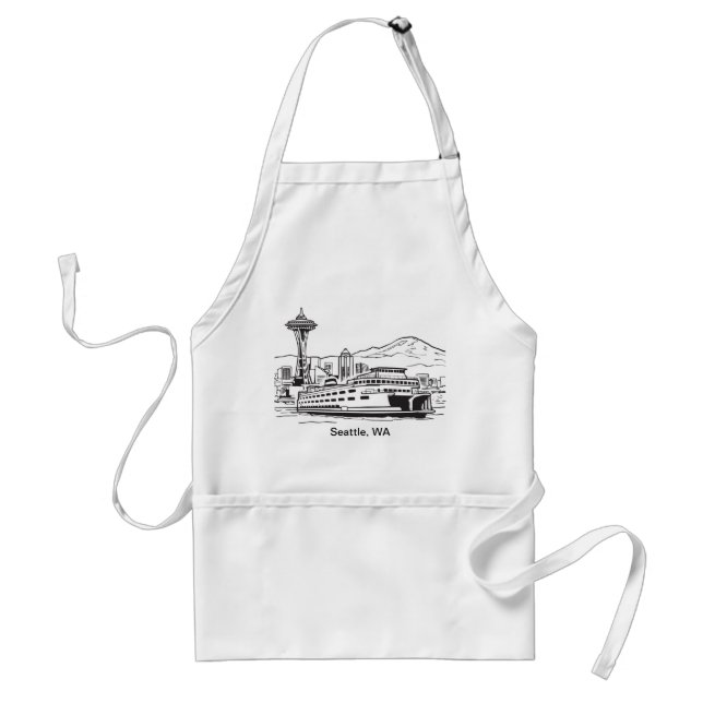 Seattle Ferry & Skyline Washington State Line Art  Adult Apron (Front)