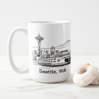 Seattle Ferry & Skyline Washington State Line Art