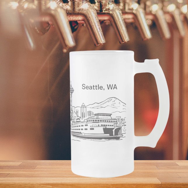 Seattle Ferry & Skyline Washington State Line Art  Frosted Glass Beer Mug (Seattle Ferry & Skyline Washington State Line Art Frosted Glass Beer Mug)