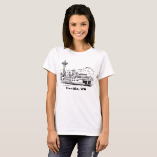 Seattle Ferry & Skyline Washington State Line Art T-Shirt