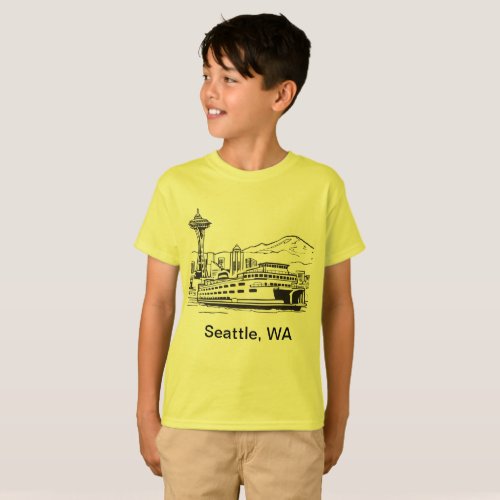 Seattle Ferry Washington State Kids Line Art T_Shirt