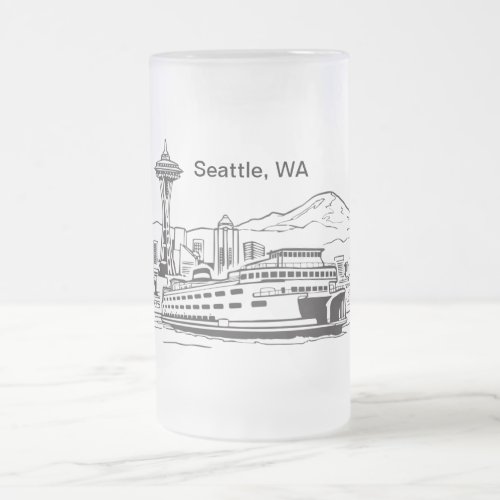 Seattle Ferry Washington State Line Art Frosted Glass Beer Mug