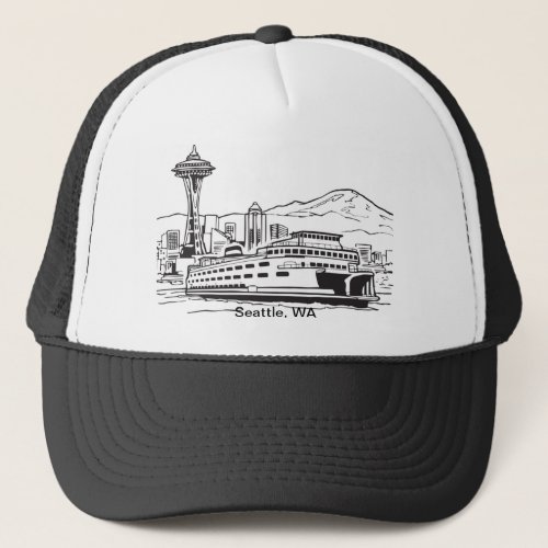 Seattle Ferry Washington State Line Art Trucker Hat