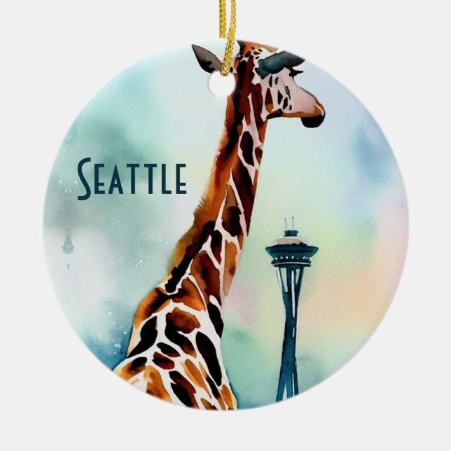 Seattle Giraffe Christmas Souvenir Ceramic Ornament (Front)