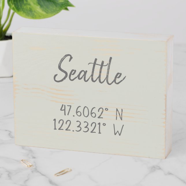 Seattle GPS Coordinates Longitude Latitude     Wooden Box Sign (In Situ Horizontal)