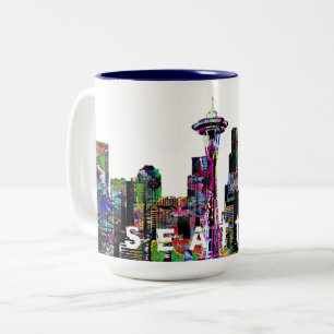 Seattle in graffiti Two-Tone coffee mug