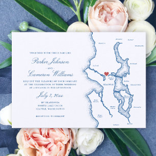 Seattle Lake Washington Map Elegant Navy Wedding Invitation