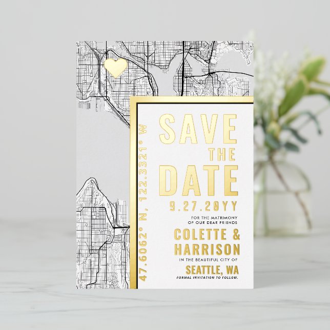 Seattle Love Locator | Wedding Save the Date Foil Invitation (Standing Front)