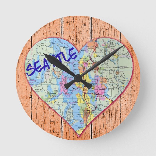 Seattle Map Heart Round Clock (Front)