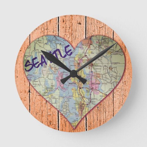Seattle Map Heart Round Clock