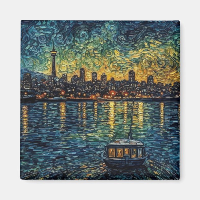 Seattle Midnight | Van Gogh Style Impressionism Magnet (Front)