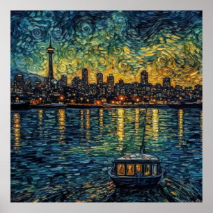 Seattle Nightfall   Impressionist Space Needle  Poster