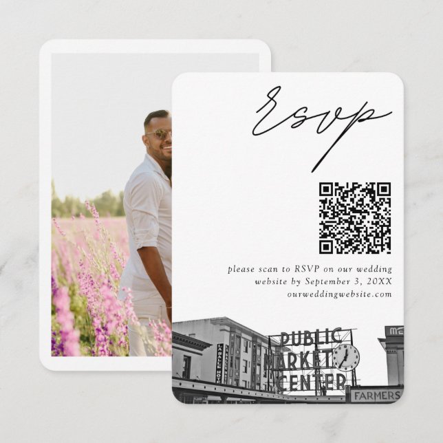 Seattle Pikes Place Wedding RSVP QR Code Small Enclosure Card (Front/Back)