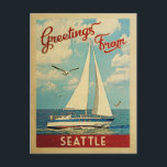 Seattle Postcard Sailboat Vintage Washington<br><div class="desc">This Greetings From Seattle Washington vintage travel nautical design features a boat sailing on the water with seagulls and a blue sky filled with gorgeous puffy white clouds.</div>