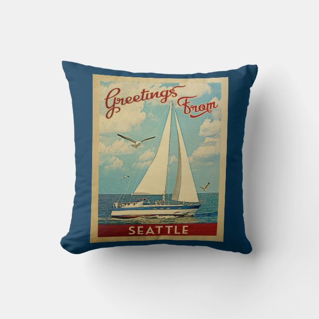 Seattle Sailboat Vintage Travel Washington Throw Pillow (Front)
