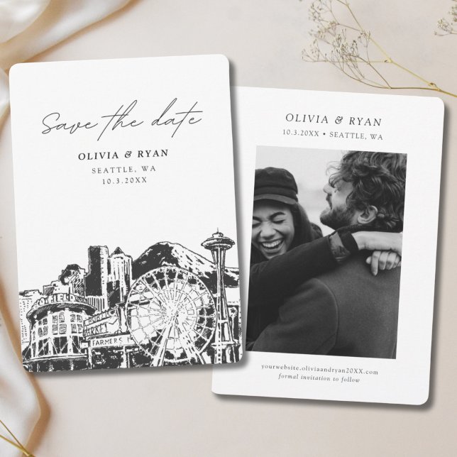 Seattle Save the Date Skyline Downtown Wedding Invitation (Seattle Skyline Save the Date Abstract Sketch Vertical Engagement photo Black White Wedding Website)