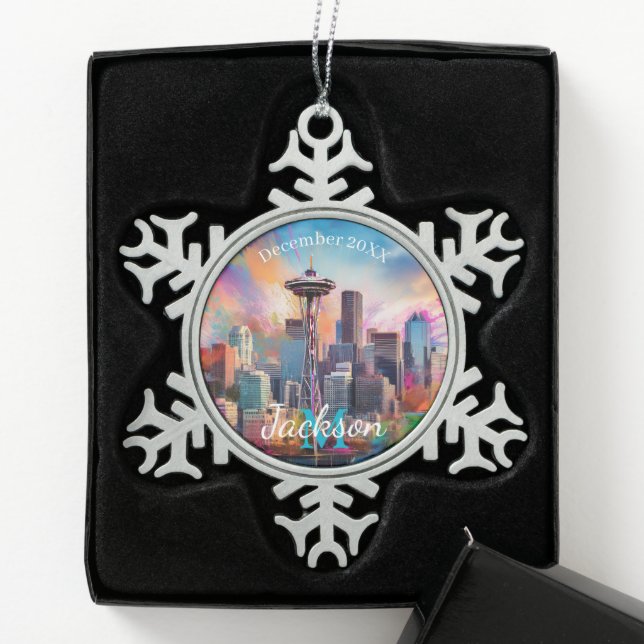Seattle Skyline Abstract Art Snowflake Pewter Christmas Ornament (Box)