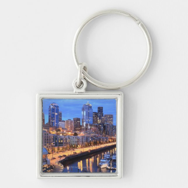Seattle skyline and harbor, Washington State Keychain (Front)