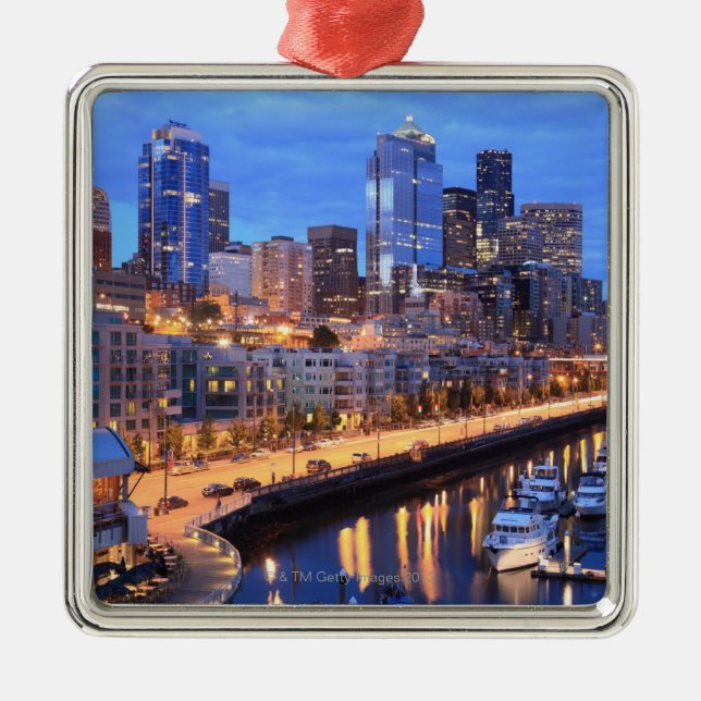 Seattle skyline and harbor, Washington State Metal Ornament (Front)