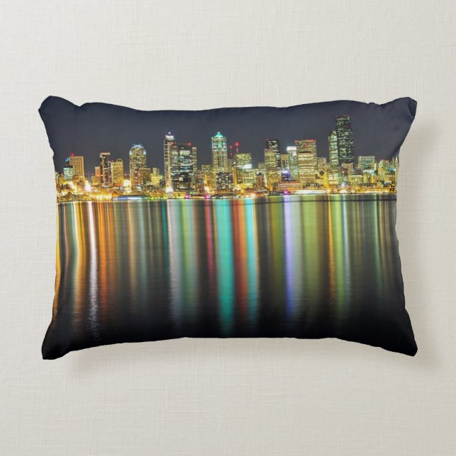 Seattle skyline at night with reflection accent pillow (Front)