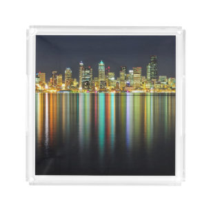 Seattle skyline at night with reflection acrylic tray