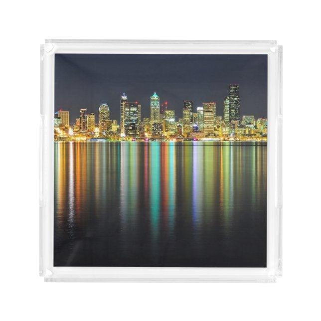 Seattle skyline at night with reflection acrylic tray (Front)