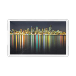 Seattle skyline at night with reflection acrylic tray