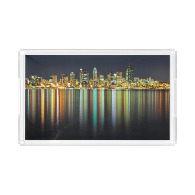 Seattle skyline at night with reflection acrylic tray (Front)