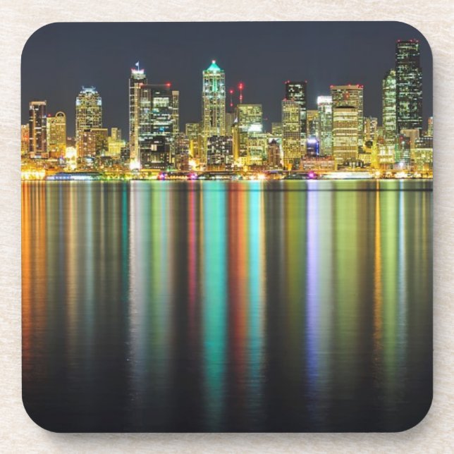 Seattle skyline at night with reflection beverage coaster (Front)