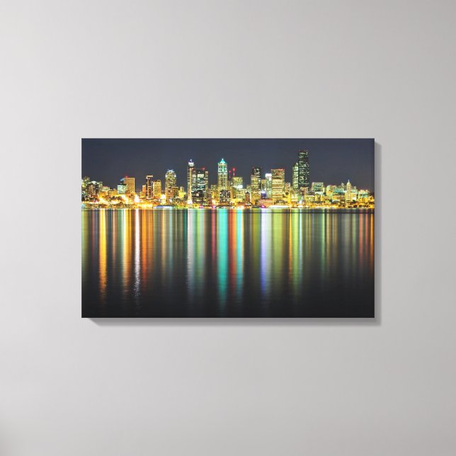 Seattle skyline at night with reflection canvas print (Front)