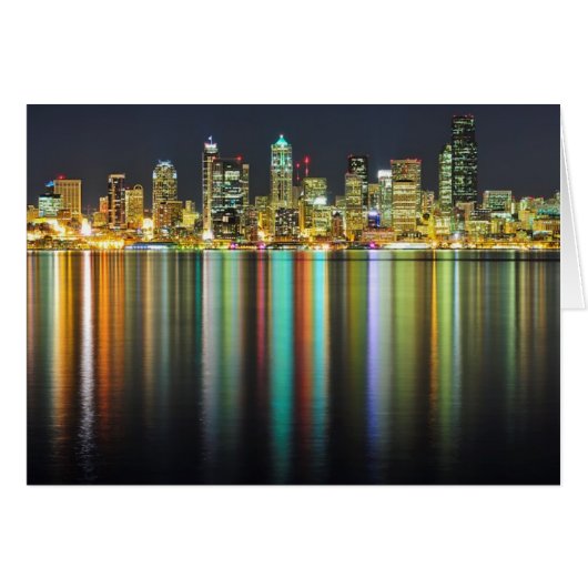 Seattle skyline at night with reflection cards (Front Horizontal)