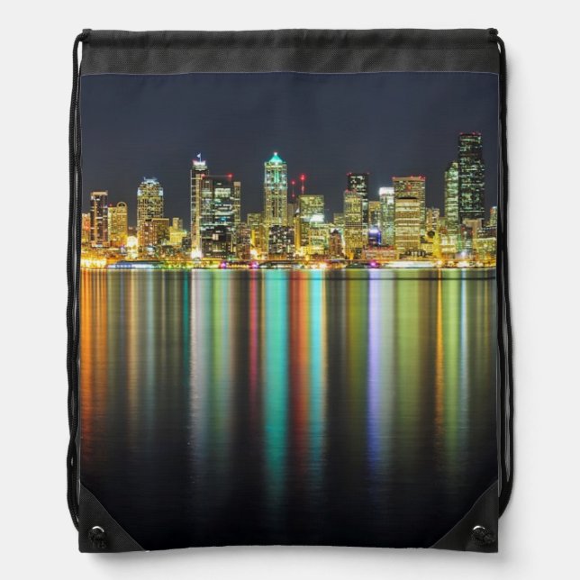 Seattle skyline at night with reflection drawstring bag (Front)