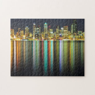 Seattle skyline at night with reflection jigsaw puzzle