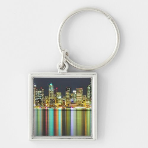 Seattle skyline at night with reflection keychain