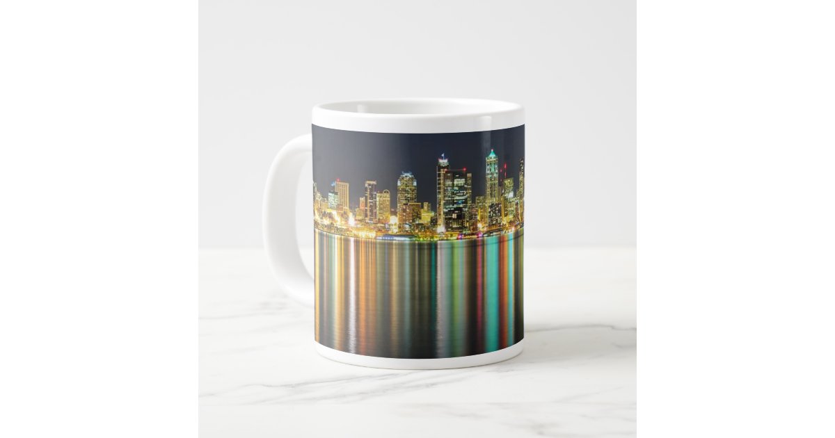 Seattle skyline at night with reflection large coffee mug | Zazzle