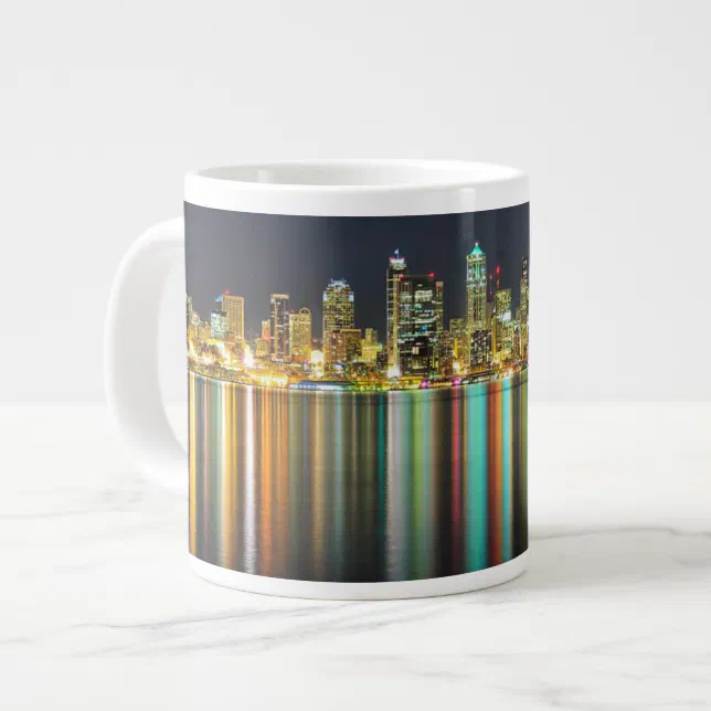 Seattle skyline at night with reflection large coffee mug | Zazzle