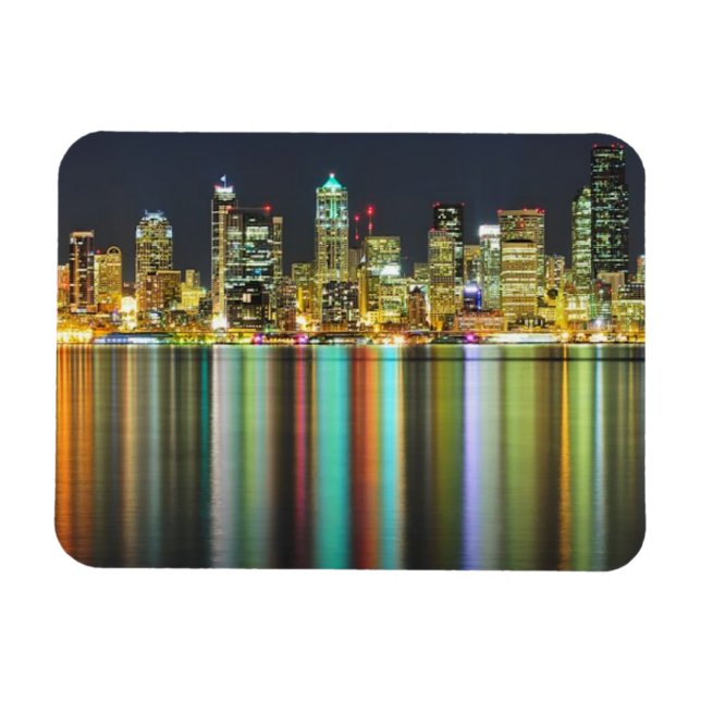 Seattle skyline at night with reflection magnet (Horizontal)