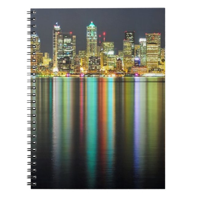 Seattle skyline at night with reflection notebook (Front)