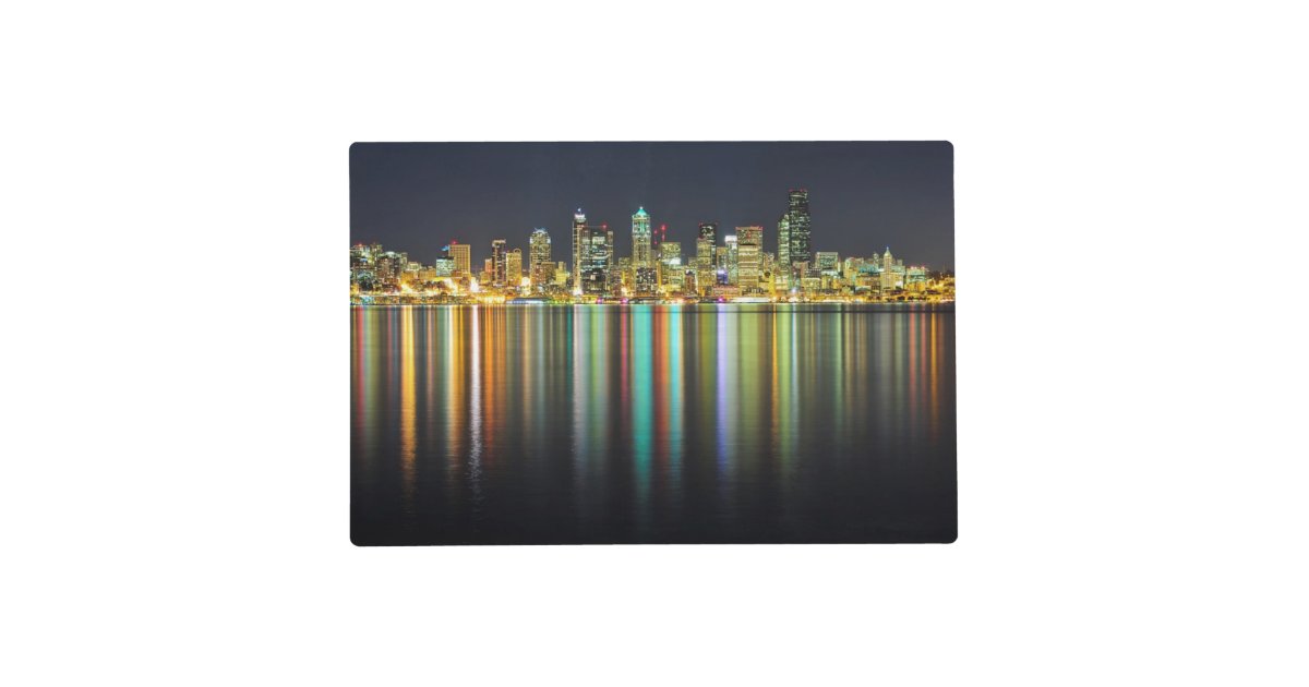 Seattle skyline at night with reflection placemat | Zazzle