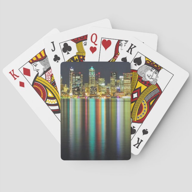 Seattle skyline at night with reflection poker cards (Back)